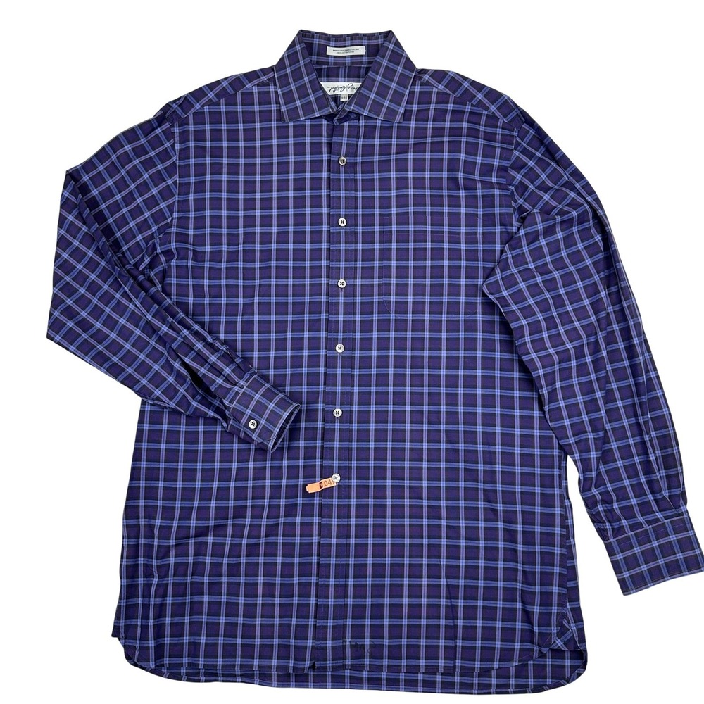 Henry Grethel Plaid Shirt Purple Blue Button Up Men's ‎ size L 16-16.5